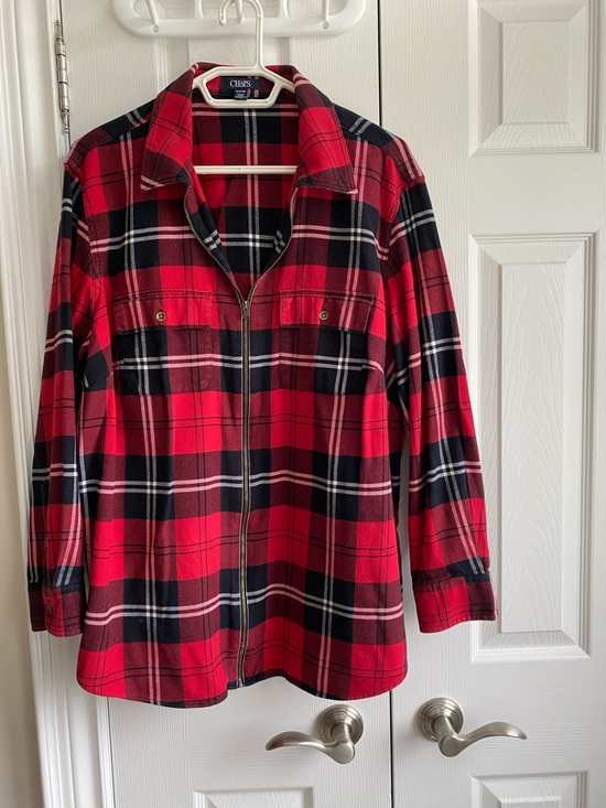 Chaps Tops - Chaps Red & Black Plaid Zip-Up Overshirt